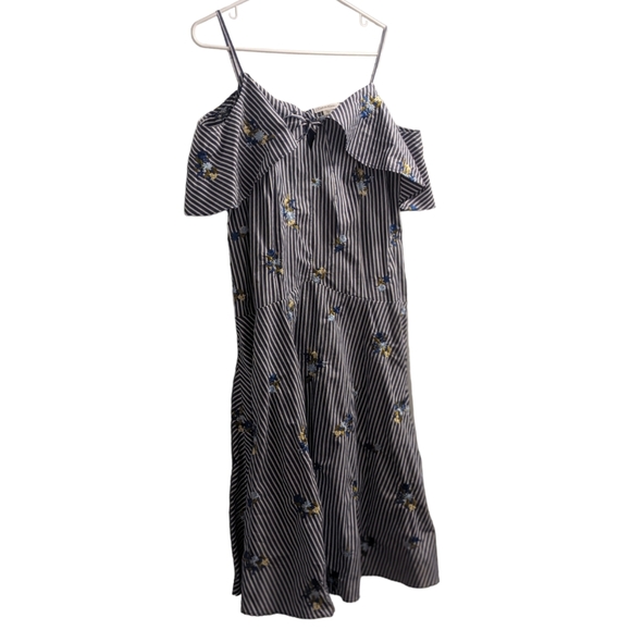 Calvin Klein Cold Shoulder Pin Striped Floral Embroidered Midi Dress 8 - Picture 3 of 4